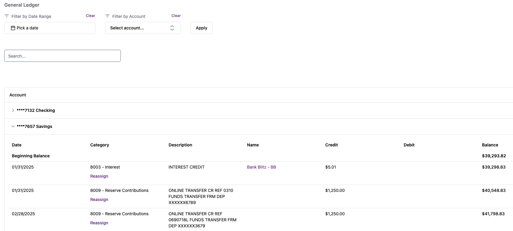 General Ledger dashboard displaying property-wide financial history